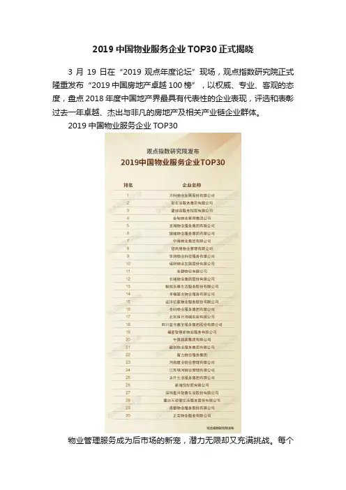 2019中国物业服务企业TOP30正式揭晓