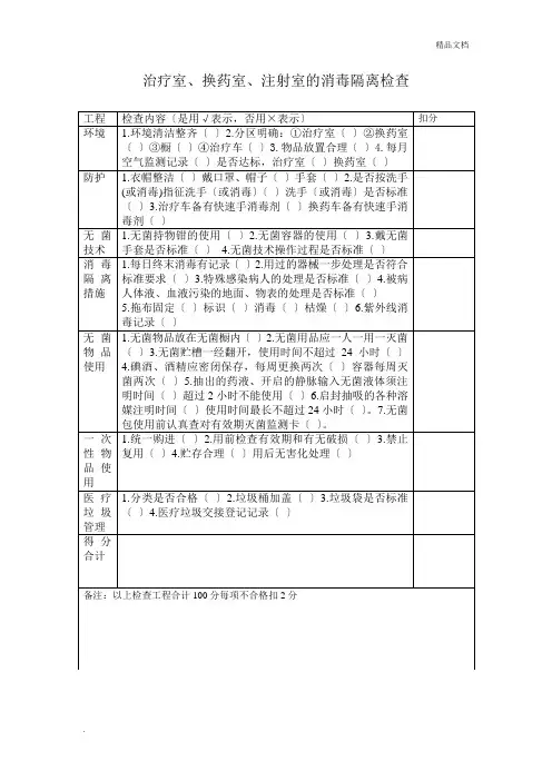 治疗室、换药室、注射室的消毒隔离检查表