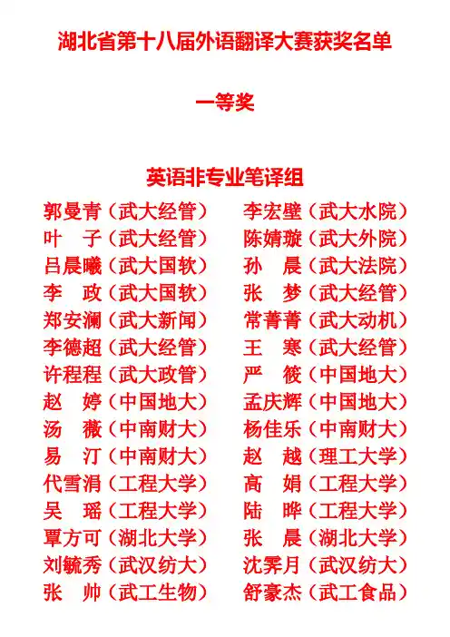 湖北省第十八届外语翻译大赛获奖名单
