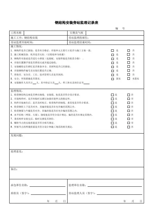 钢结构安装旁站监理记录表