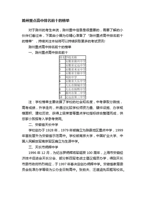 滁州重点高中排名前十的榜单