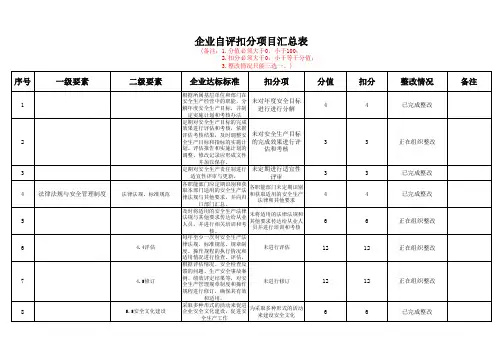 安全生产标准化企业自评扣分项目汇总表