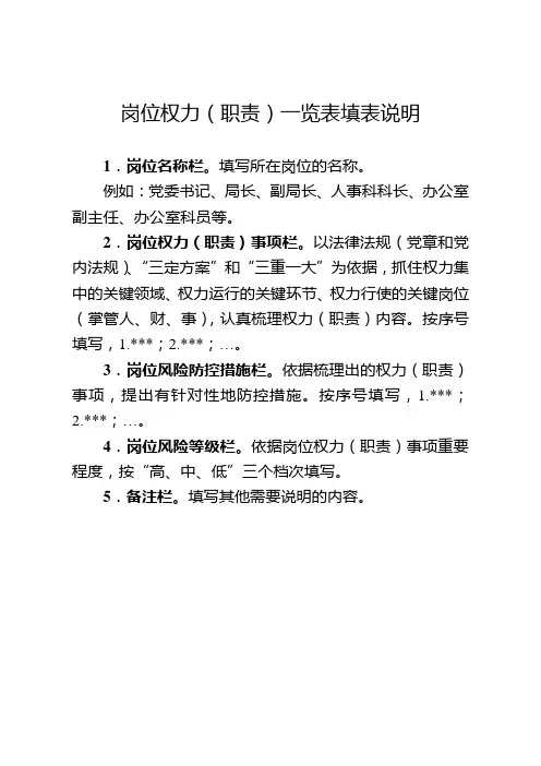 岗位权力(职责)一览表填表说明