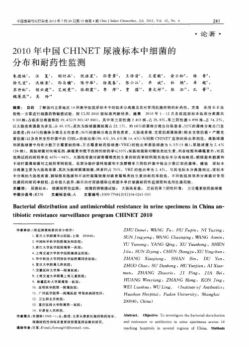2010年中国CHINET尿液标本中细菌的分布和耐药性监测