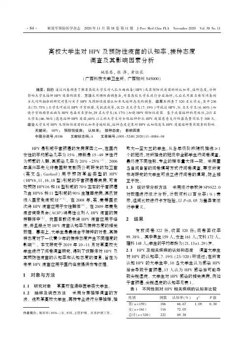高校大学生对HPV及预防性疫苗的认知率、接种态度调查及其影响因素分析