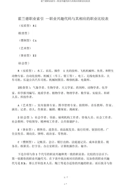 霍兰德职业索引―职业兴趣代码与其相应的职业对照表