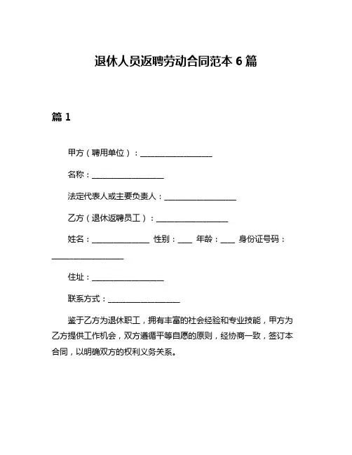 退休人员返聘劳动合同范本6篇