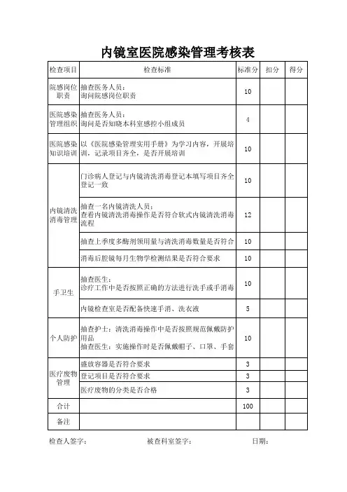 内镜室医院感染管理考核表