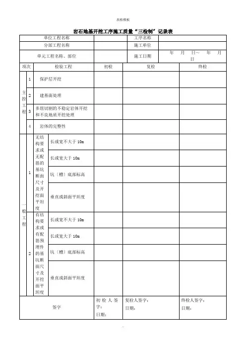 岩石地基开挖工序施工质量“三检制〞记录表