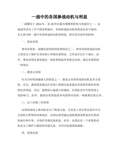 一战中的各国参战动机与利益