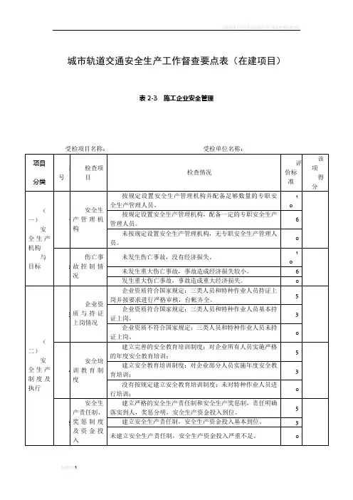 城市轨道交通安全生产工作督查要点表(在建项目)表2-3施工企业安全管理