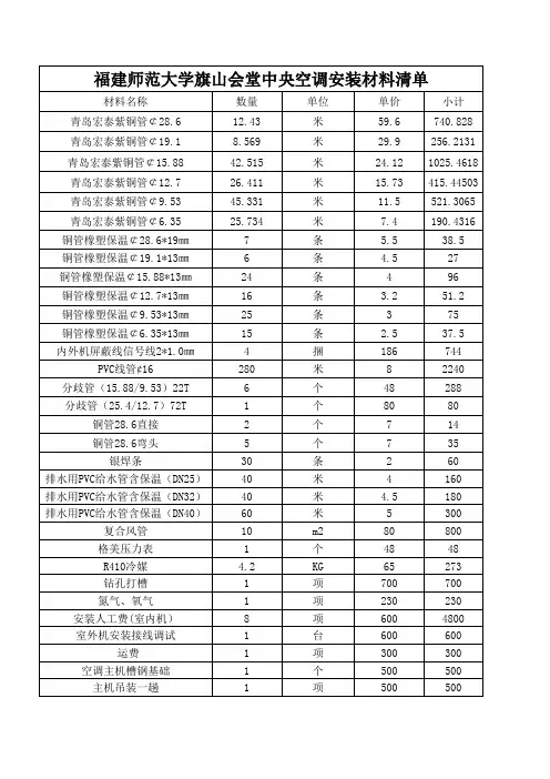 多联机安装材料清单成本