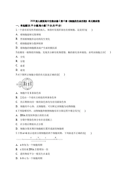 2020届人教版高中生物必修1第6章《细胞的生命历程》单元测试卷(含word解析版)