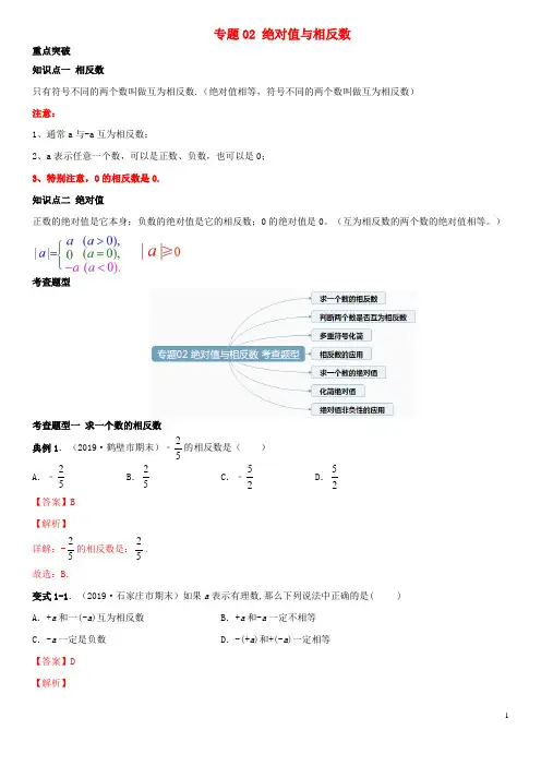 高阳县第四中学七年级数学上学期期中考点专题02 绝对值与相反数含解析 新人教版