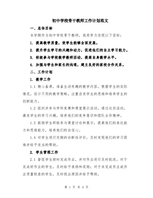 初中学校骨干教师工作计划范文