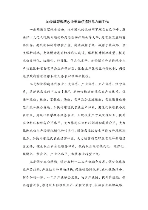 加快建设现代农业要重点抓好几方面工作