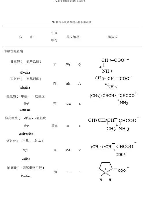 20种常见氨基酸缩写及结构式