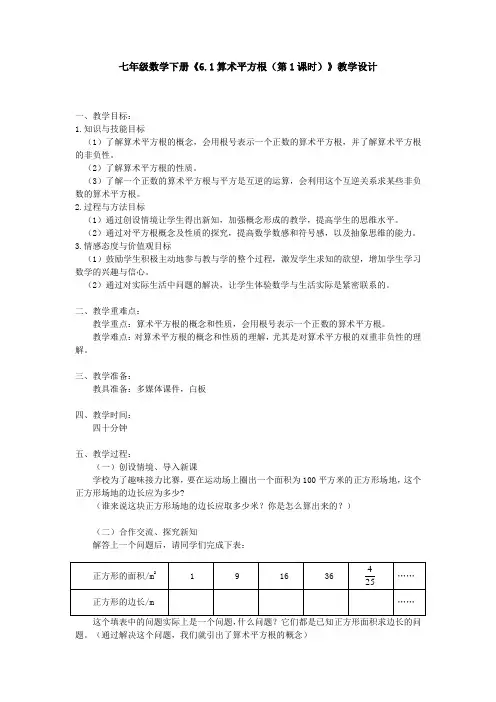 人教版数学七年级下册《算术平方根》教案