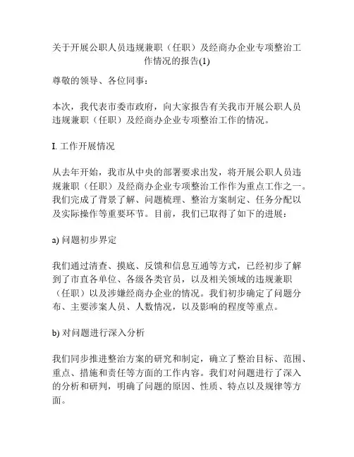 关于开展公职人员违规兼职(任职)及经商办企业专项整治工作情况的报告(1)