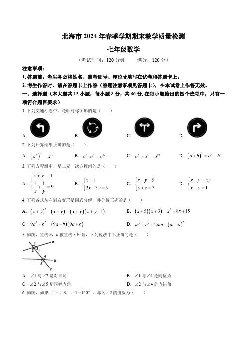 广西壮族自治区北海市2023-2024学年七年级下学期7月期末考试数学试卷(含答案)