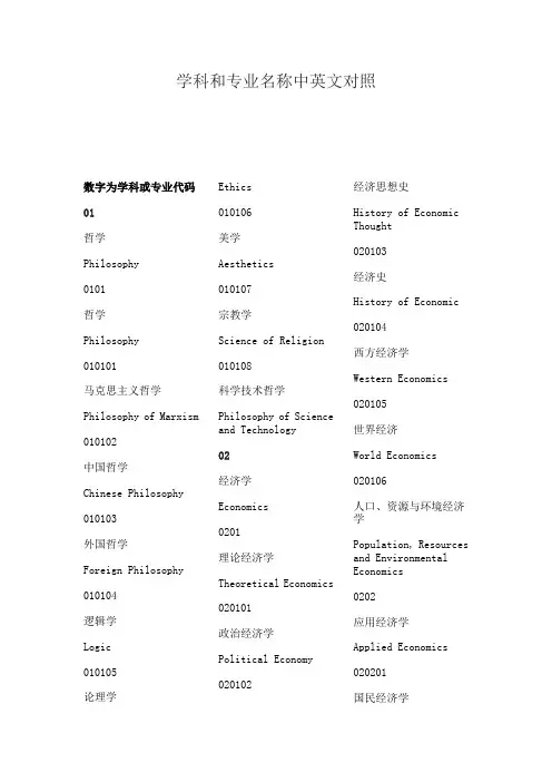 学科和专业名称中英文对照