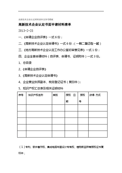高新技术企业认定材料清单及参考模板