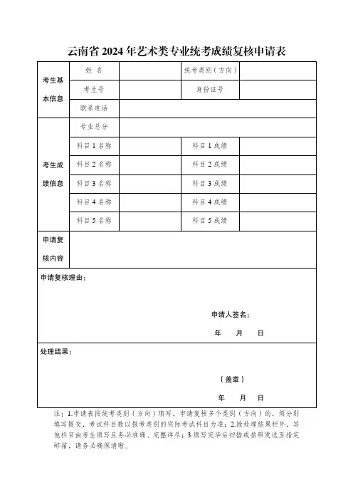 云南省2024年艺术类专业统考成绩复核申请表