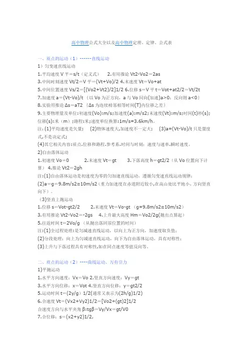 高中物理公式大全以及高中物理定理、定律表