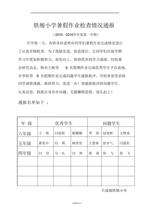 暑假作业检查情况通报