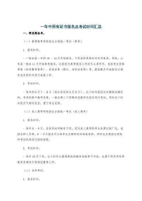 一年中所有证书报名及考试时间汇总