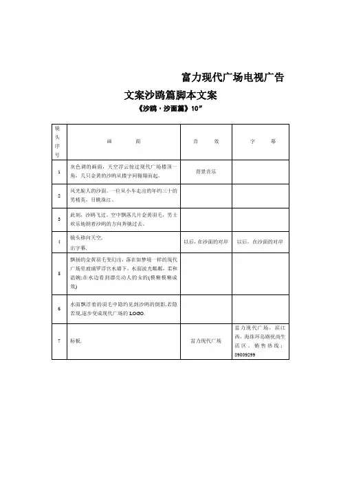 富力现代广场电视广告文案沙鸥篇脚本文案