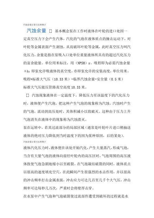 汽蚀余量计算方法和例子