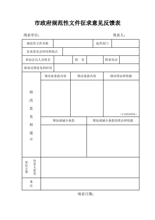 市政府规范性文件征求意见反馈表