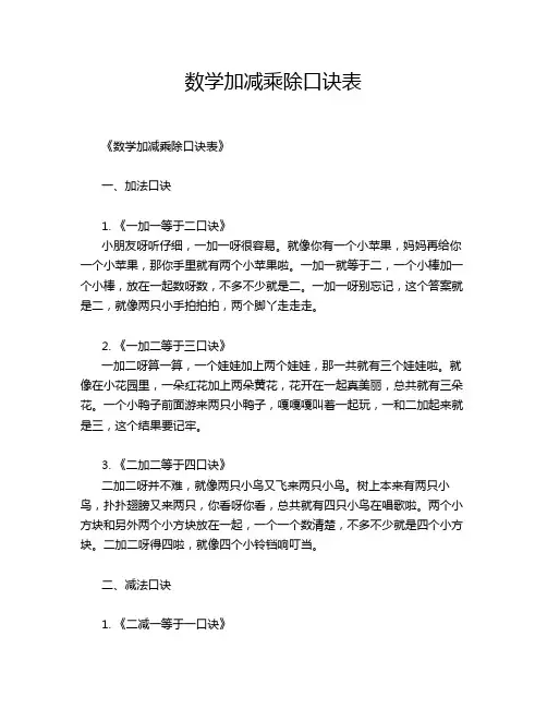 数学加减乘除口诀表