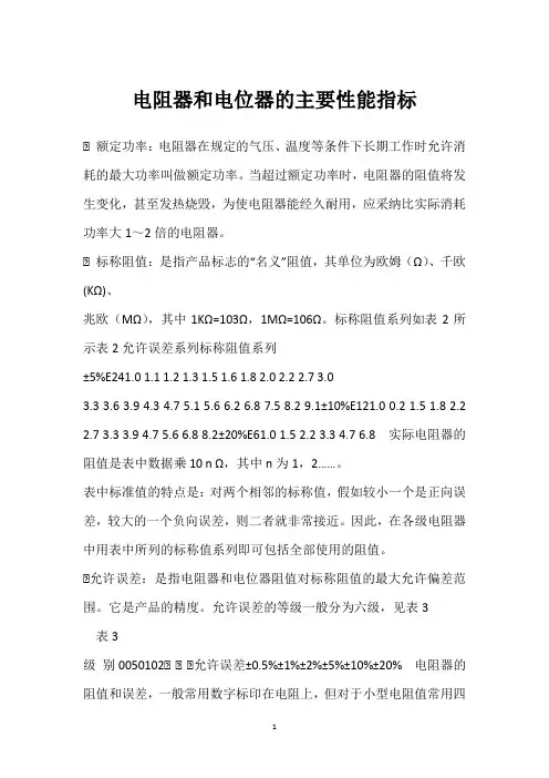 电阻器和电位器的主要性能指标 