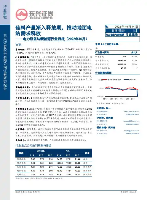电力设备与新能源行业月报（2022年10月）：硅料产量渐入释放期，推动地面电站需求释放