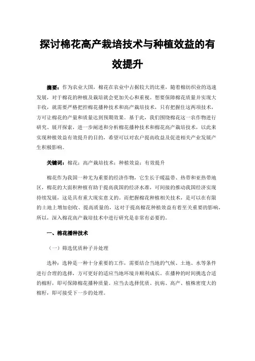 探讨棉花高产栽培技术与种植效益的有效提升