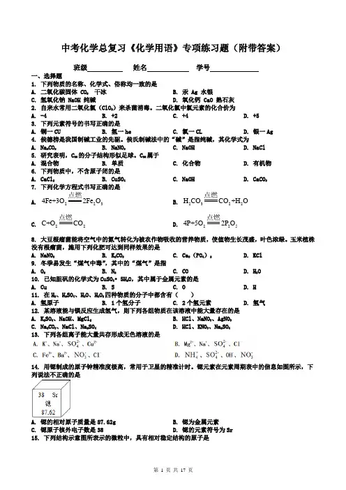 中考化学总复习《化学用语》专项练习题(附带答案)