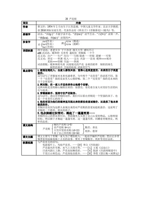 部编小学语文四下《芦花鞋》课堂笔记