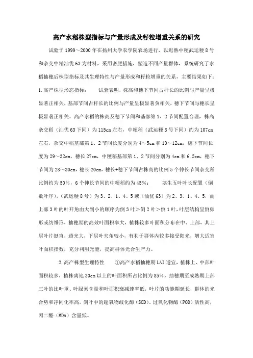 高产水稻株型指标与产量形成及籽粒增重关系的研究
