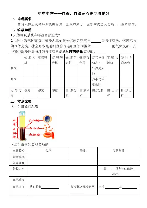初中生物—血液、血管及心脏专项复习