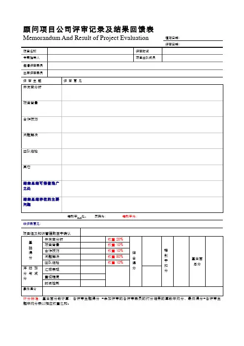 XX地产公司顾问项目结案总结评审记录及结果回馈表