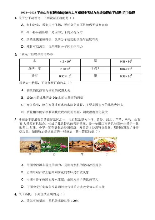 2022—2023学年山东省聊城市临清市上学期期中考试九年级物理化学试题-初中物理