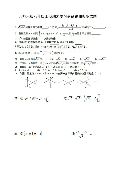 北师大版八年级数学数学上期期末复习专题易错题和典型试题练习(PDF版无答案)