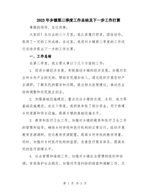 2023年乡镇第三季度工作总结及下一步工作打算