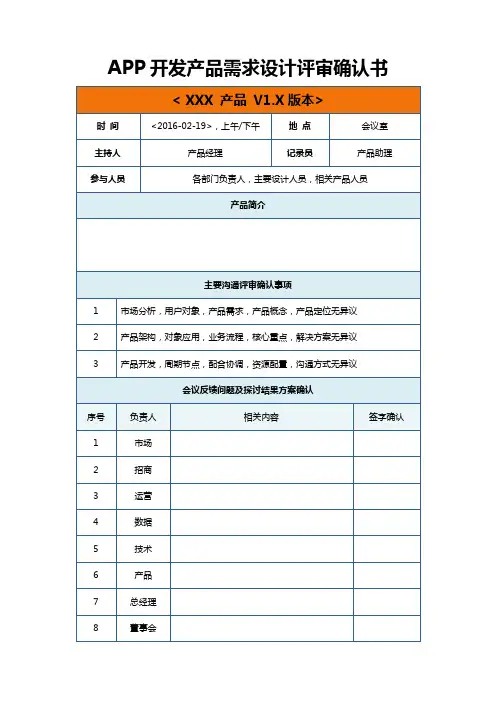 APP开发产品需求设计评审确认书
