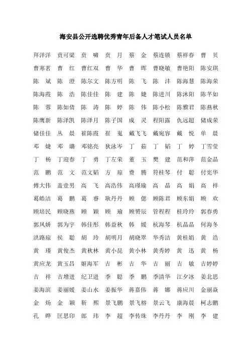 海安县公开选聘优秀青年后备人才笔试人员名单