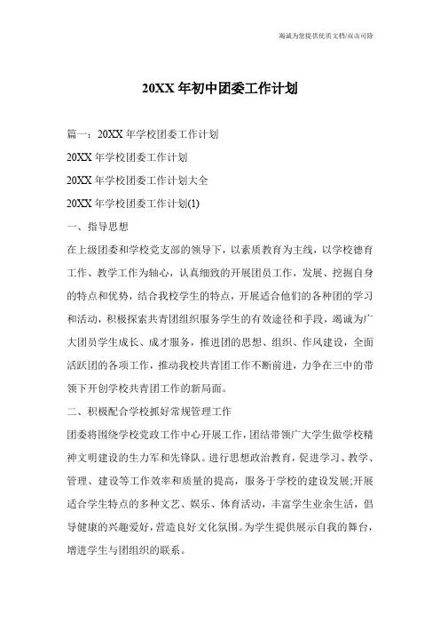 20XX年初中团委工作计划