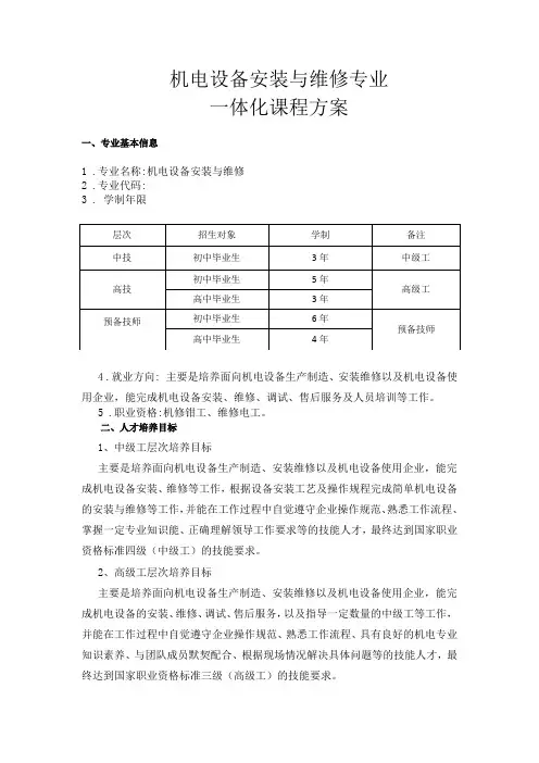 机电设备安装与维修专业一体化课程方案