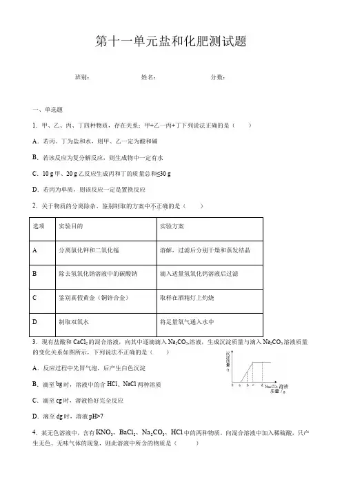 2020年春九年级下册人教版化学第十一单元盐和化肥测试试题(含答案)